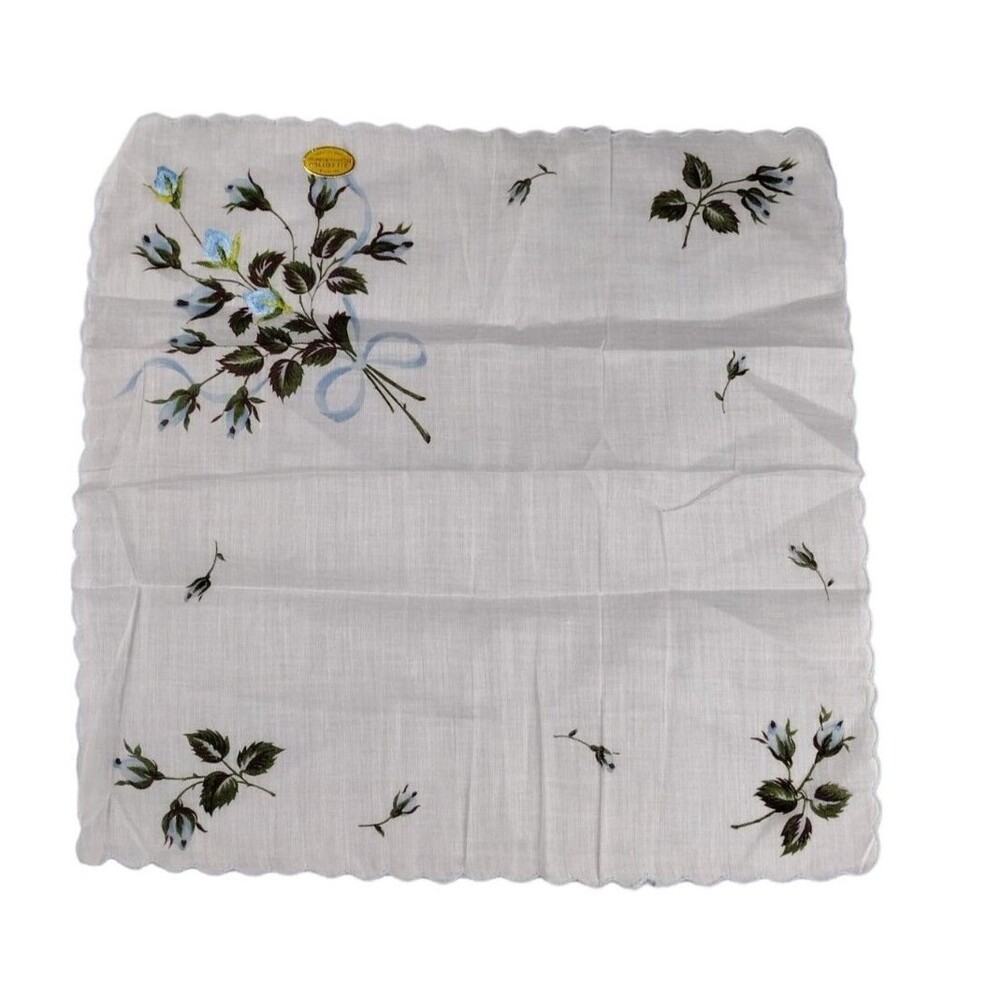 Vintage Emroidered Handkerchief Hanky White Blue Rose Buds Scalloped Border